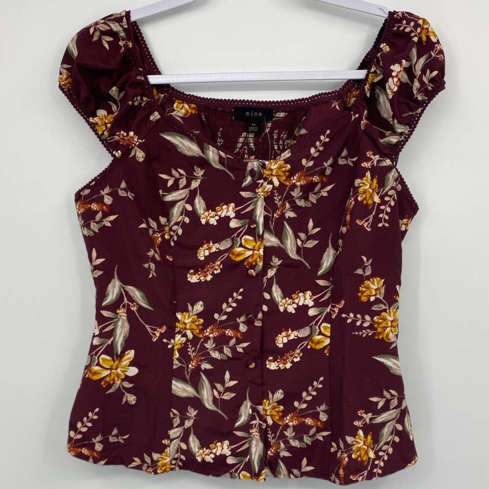 Mine Womens Burgundy Floral Off Shoulder Blouse Shirt Top NEW Medium